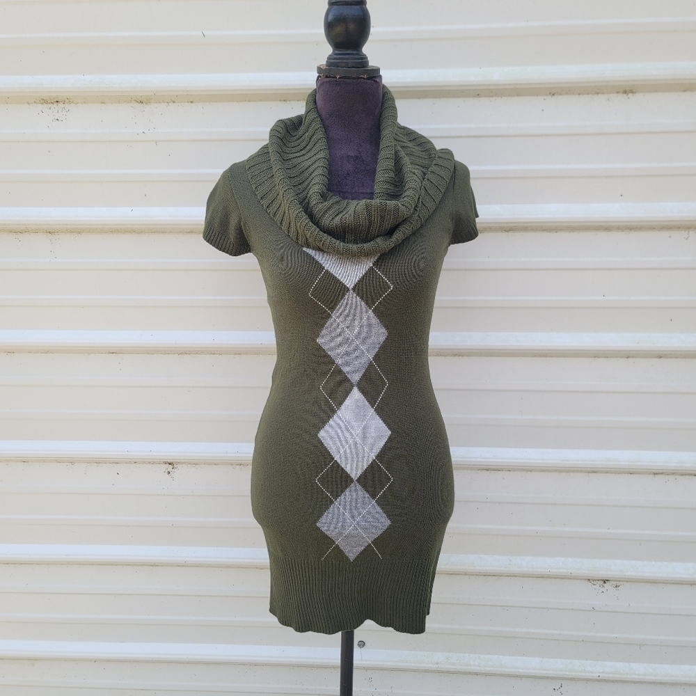 Sweater Project women's Argyle Knit Cowl Neck Fitted Sweater Dress Green Sz S